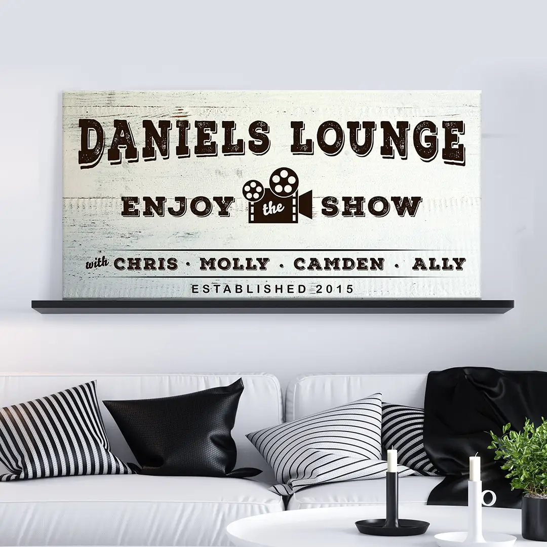 Enjoy the Show canvas sign by Tailored Canvases, vintage brown text on cream wood backdrop on Tampa Home & Garden Store