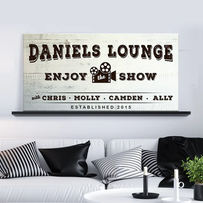 Enjoy the Show canvas sign by Tailored Canvases, vintage brown text on cream wood backdrop on Tampa Home & Garden Store