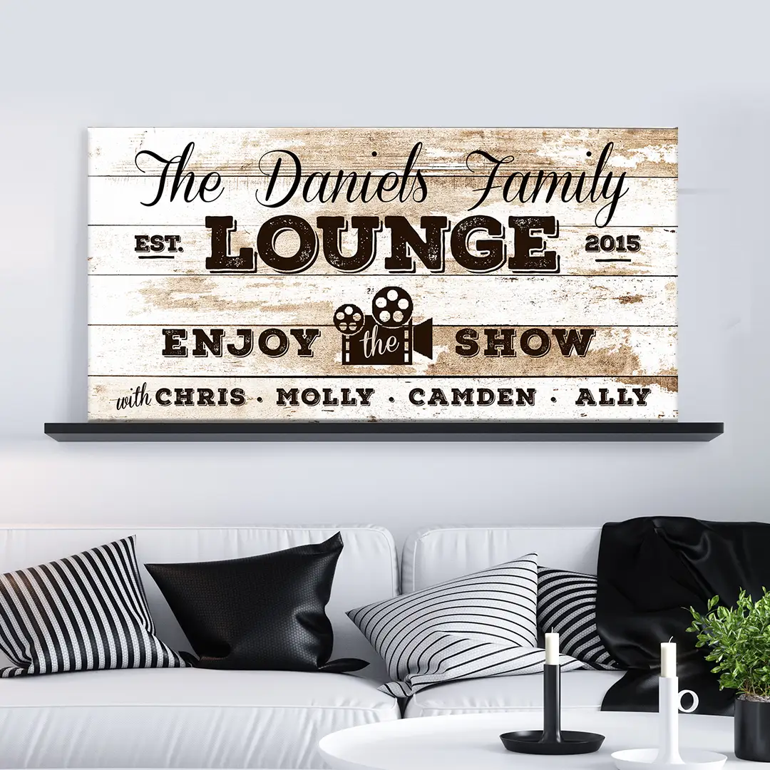 Canvas wall art Enjoy the Show Family Cinema Sign by Tailored Canvases, rustic crafting canvas on Tampa Home & Garden Store