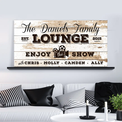 Canvas wall art Enjoy the Show Family Cinema Sign by Tailored Canvases, rustic crafting canvas on Tampa Home & Garden Store