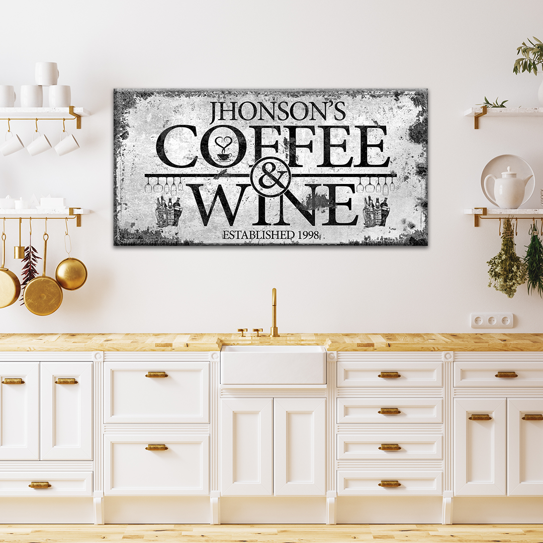 Coffee and Wine Sign canvas by Tailored Canvases, distressed black typography wall art on Tampa Home & Garden Store