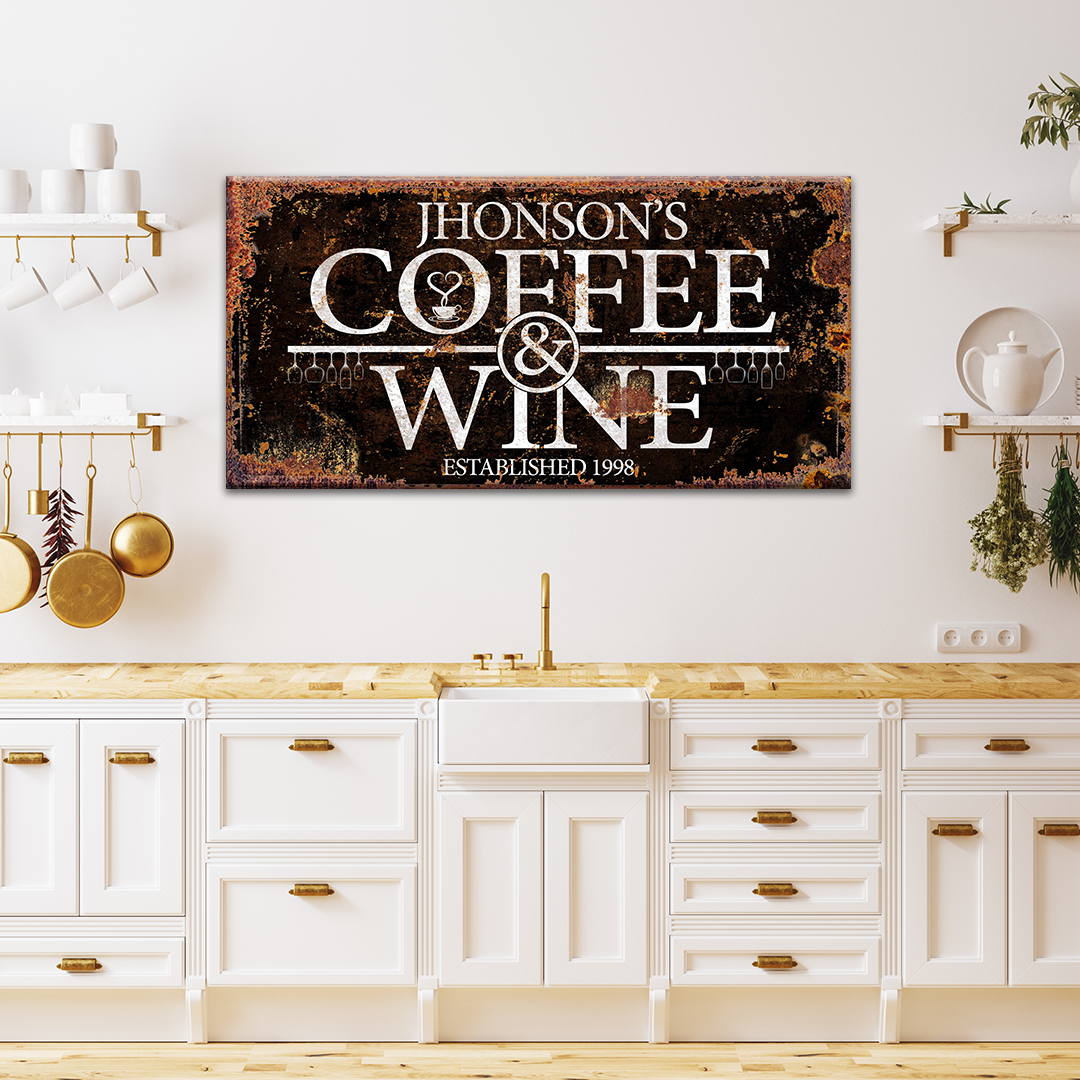 Coffee and Wine sign canvas by Tailored Canvases; rust background with white typography crafting canvas on Tampa Home & Garden Store