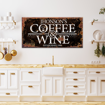 Coffee and Wine sign canvas by Tailored Canvases; rust background with white typography crafting canvas on Tampa Home & Garden Store