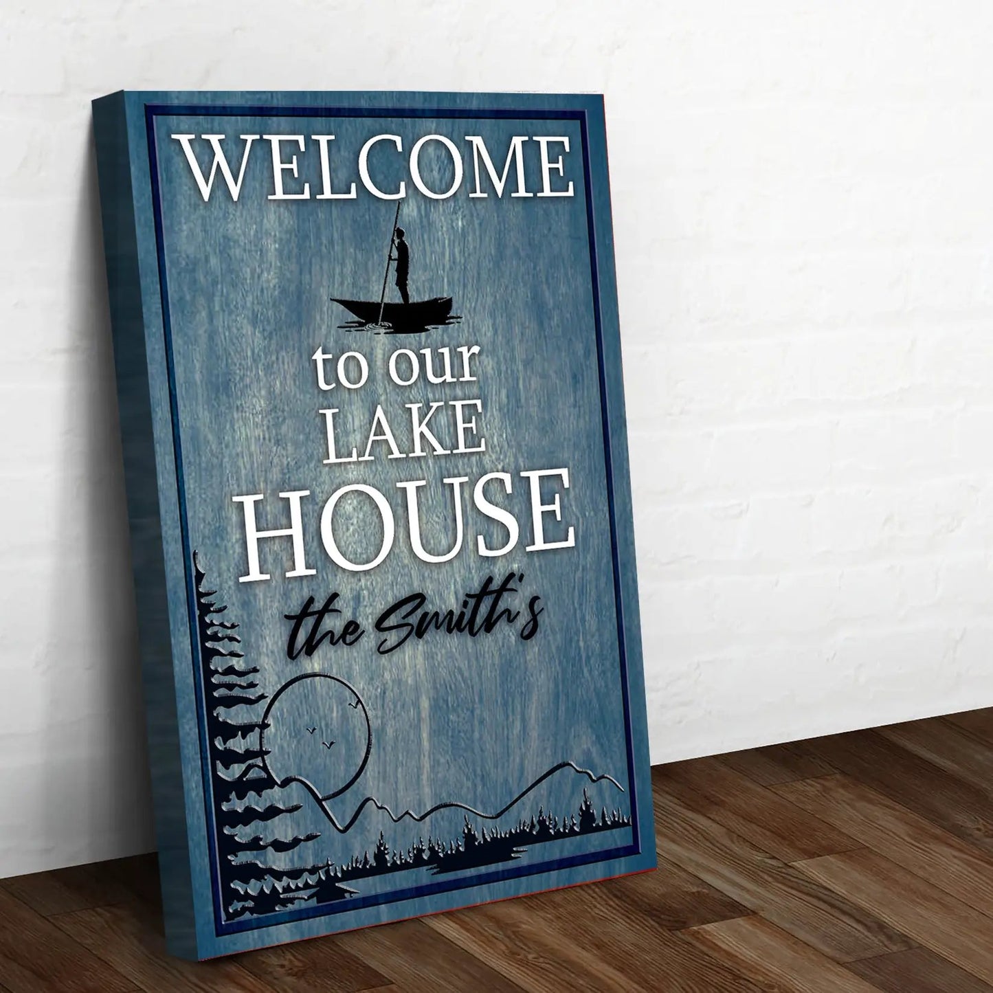 Canvas sign Welcome To Our Lake House by Tailored Canvases; blue wood with white typography on Tampa Home & Garden Store