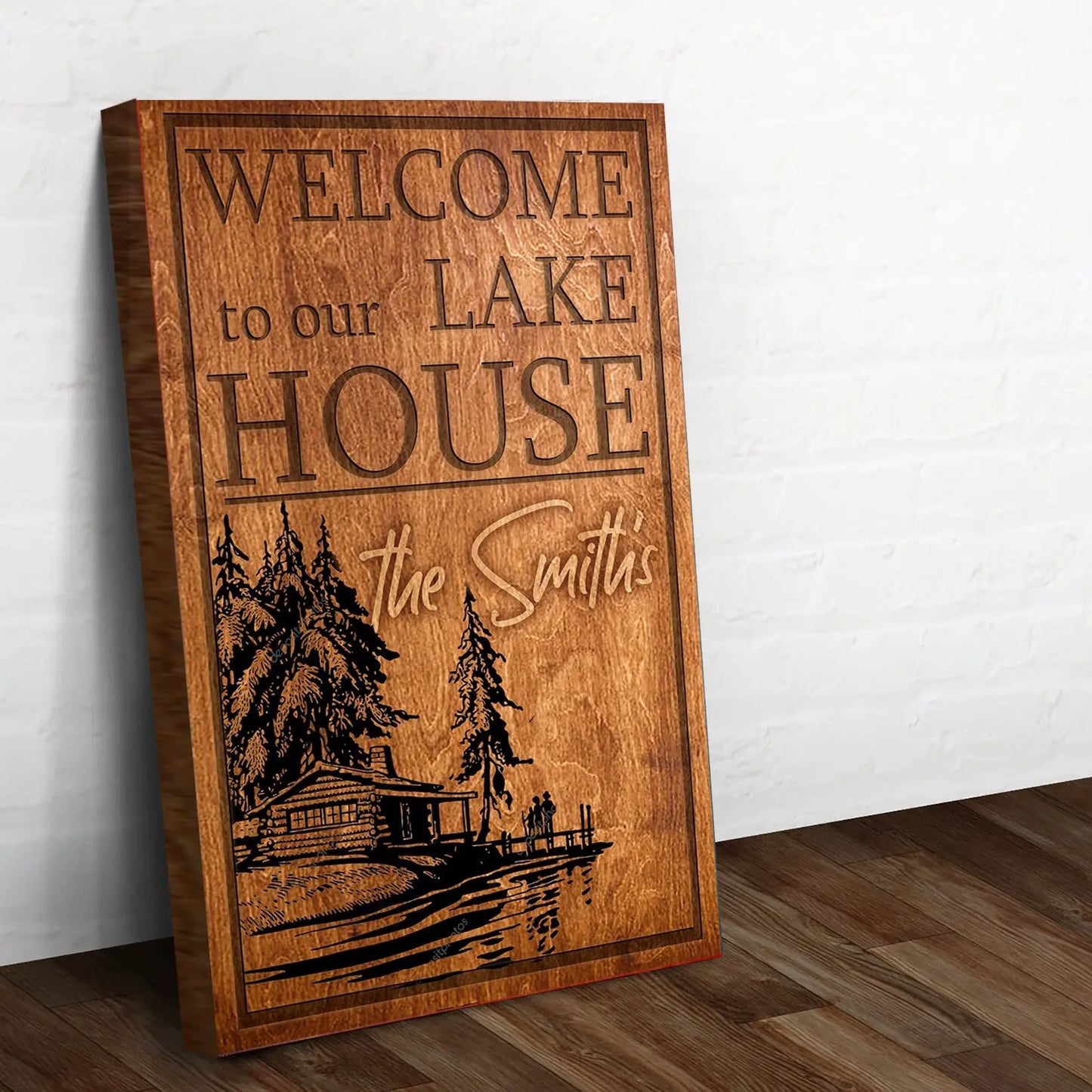Canvas sign Welcome To Our Lake House with woodgrain finish by Tailored Canvases on Tampa Home & Garden Store