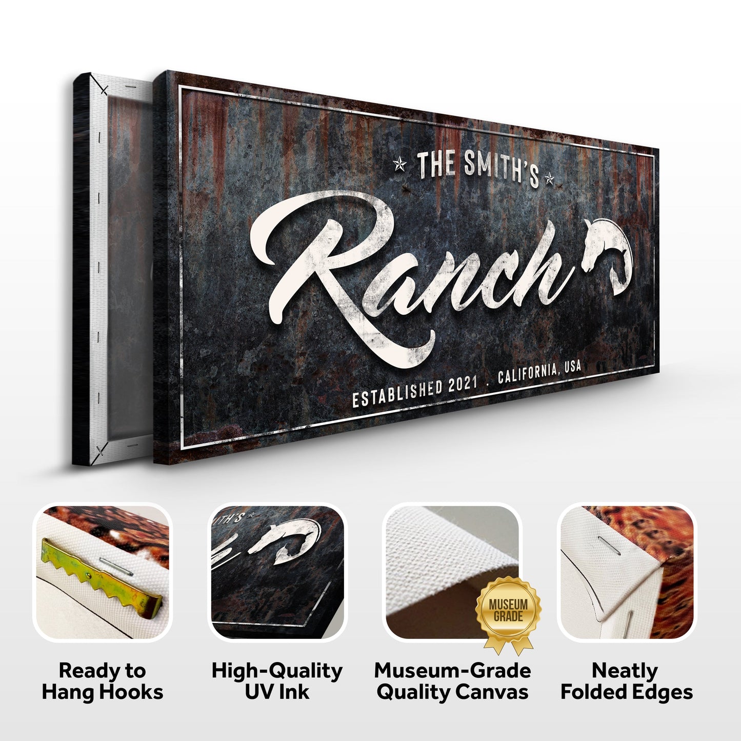 Family Ranch Sign canvas by Tailored Canvases with rustic metal backdrop on Tampa Home & Garden Store
