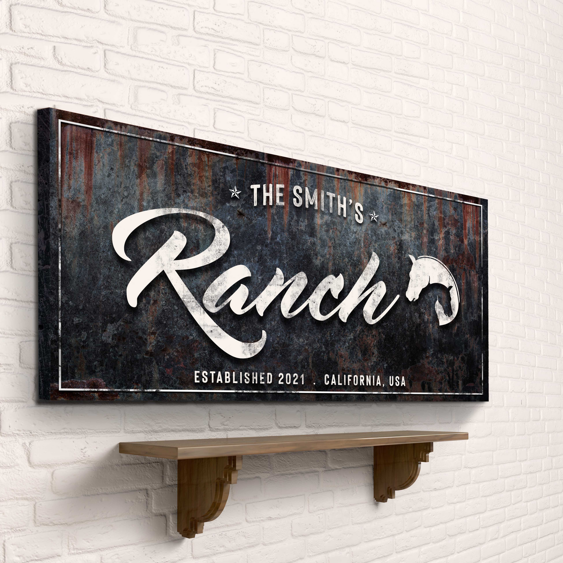 Family Ranch Sign canvas art with distressed rusted metal panel and script on Tampa Home & Garden Store