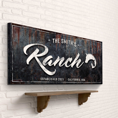 Family Ranch Sign canvas art with distressed rusted metal panel and script on Tampa Home & Garden Store