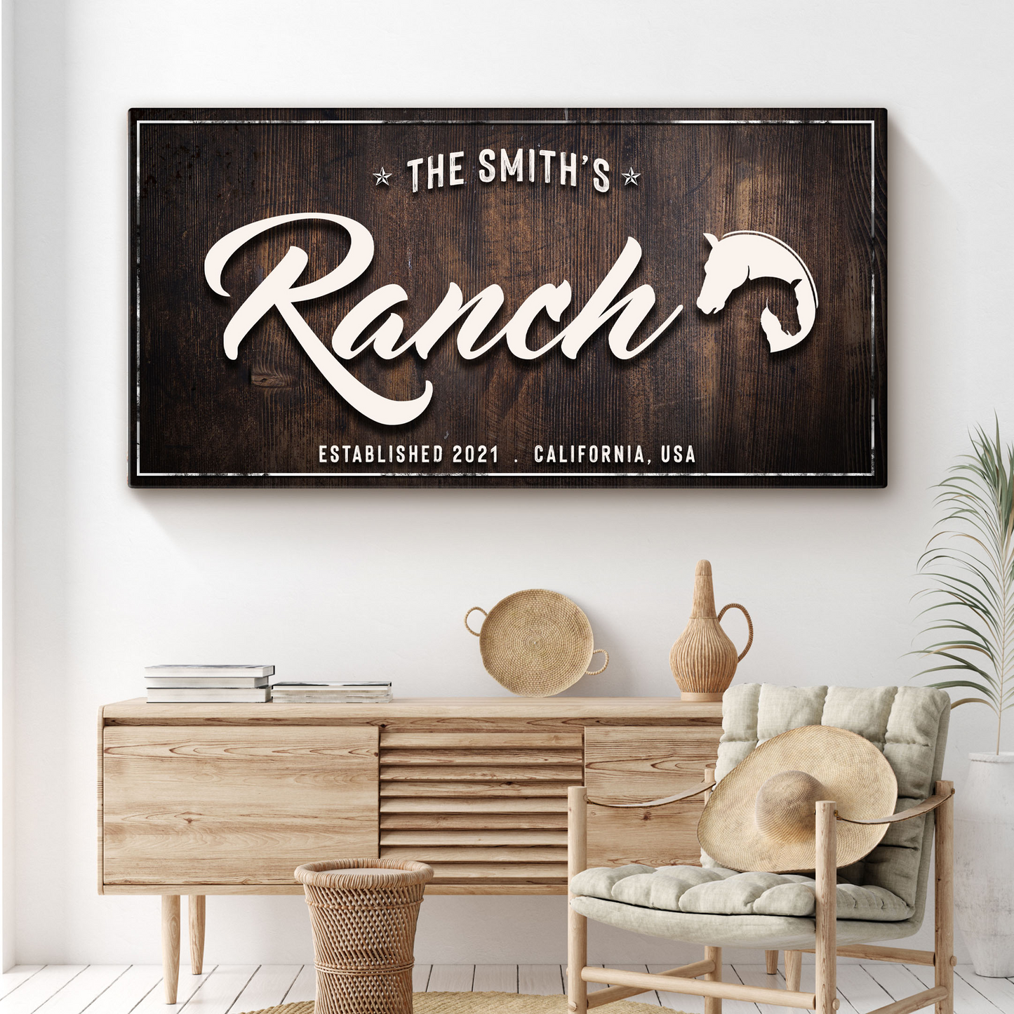 Family Ranch Sign canvas wall art with dark wood grain and white Ranch script with horse on Tampa Home & Garden Store