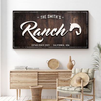Family Ranch Sign canvas wall art with dark wood grain and white Ranch script with horse on Tampa Home & Garden Store