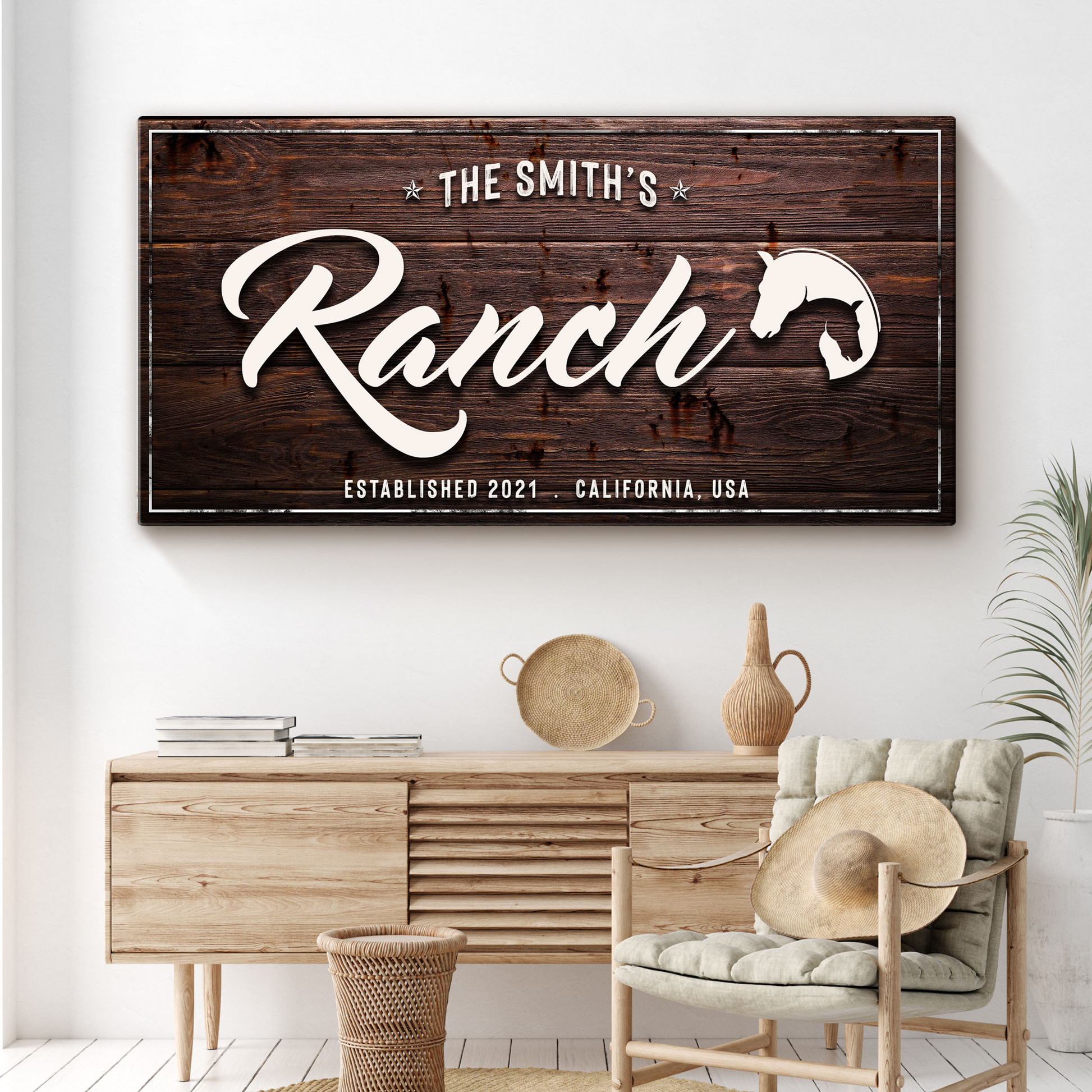 Family Ranch Sign canvas with rustic wood, white script Ranch and horse silhouette on Tampa Home & Garden Store