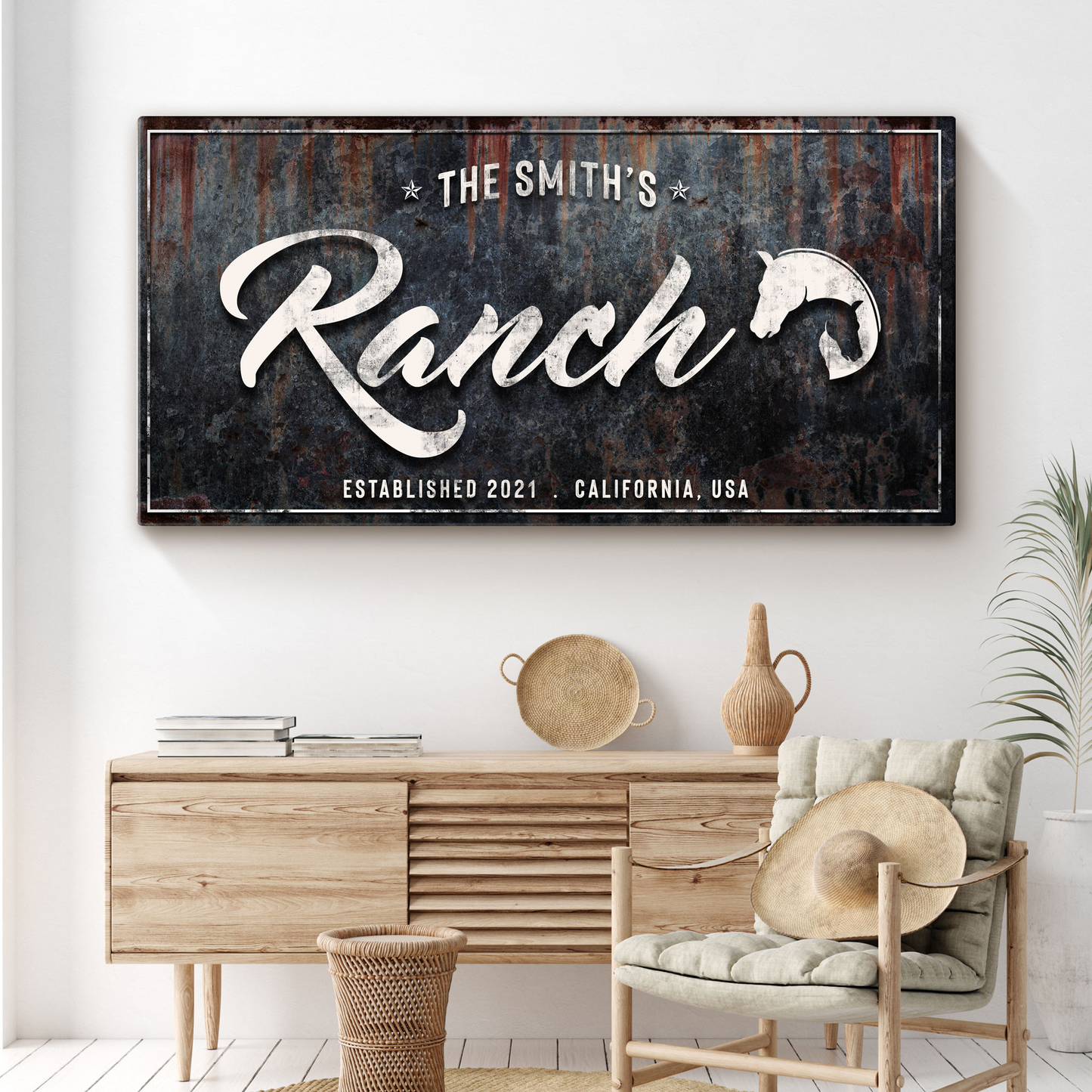 Family Ranch Sign canvas with distressed blue rust background and white Ranch script on Tampa Home & Garden Store