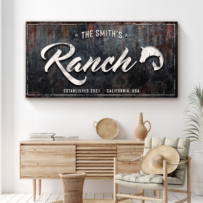 Family Ranch Sign canvas with distressed blue rust background and white Ranch script on Tampa Home & Garden Store