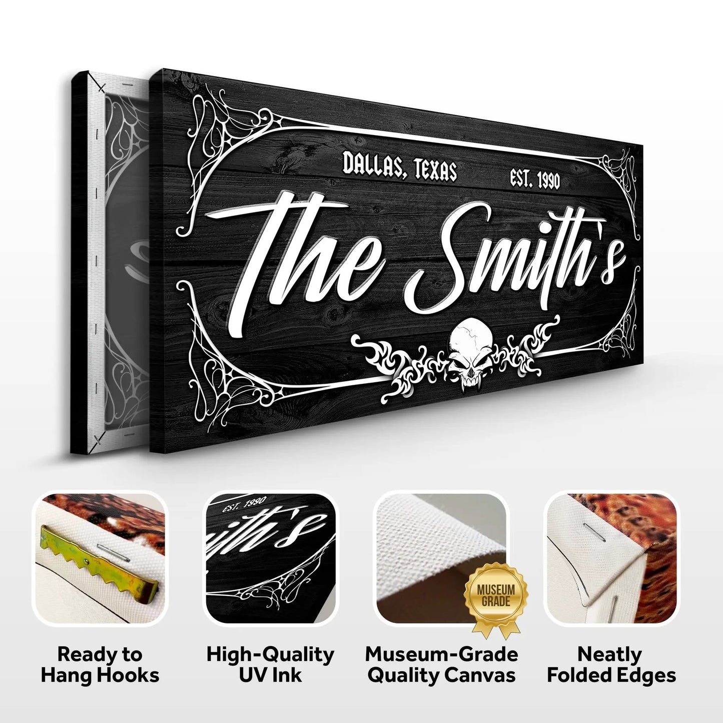 Canvas wall art Family Gothic Skull Sign with black background and white border Tailored Canvases on Tampa Home & Garden Store