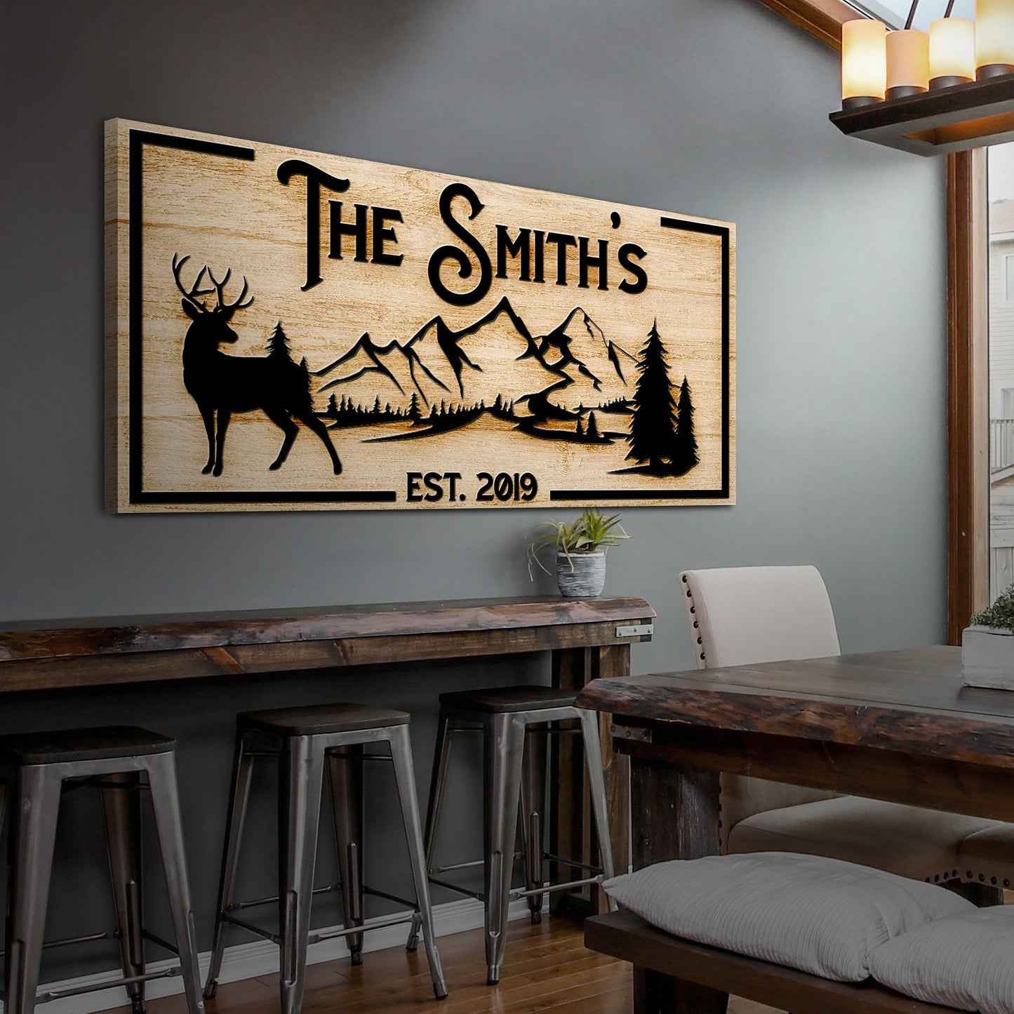 Family Mountain Sign canvas with elk, mountains and pines on wood background Tailored Canvases on Tampa Home & Garden Store