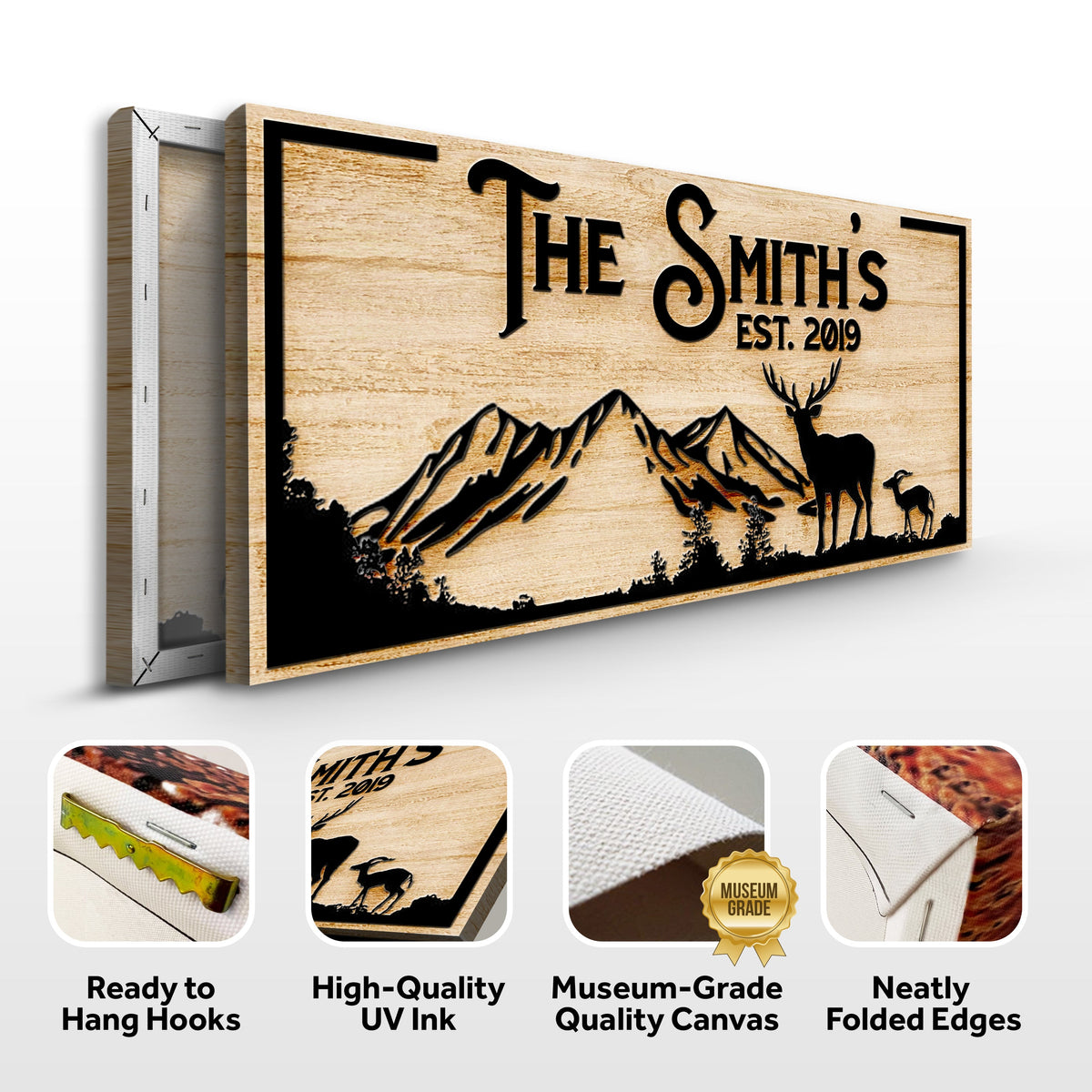 Family Mountain Sign II canvas with wood grain finish, mountain deer scene on Tampa Home & Garden Store