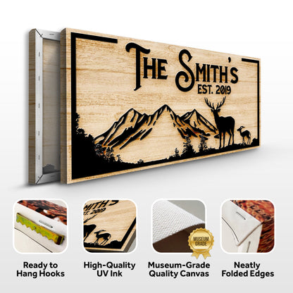 Family Mountain Sign II canvas with wood grain finish, mountain deer scene on Tampa Home & Garden Store