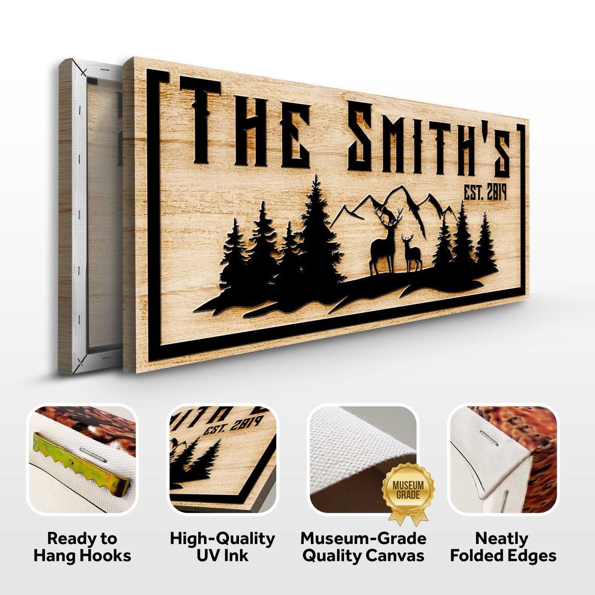 Family Mountain Sign III canvas with wood grain finish and black mountain silhouettes Tailored Canvases on Tampa Home & Garden Store