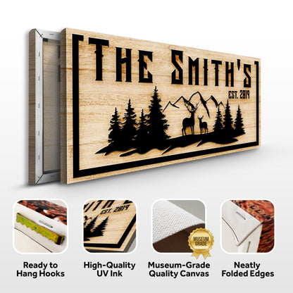 Family Mountain Sign III canvas with wood grain finish and black mountain silhouettes Tailored Canvases on Tampa Home & Garden Store