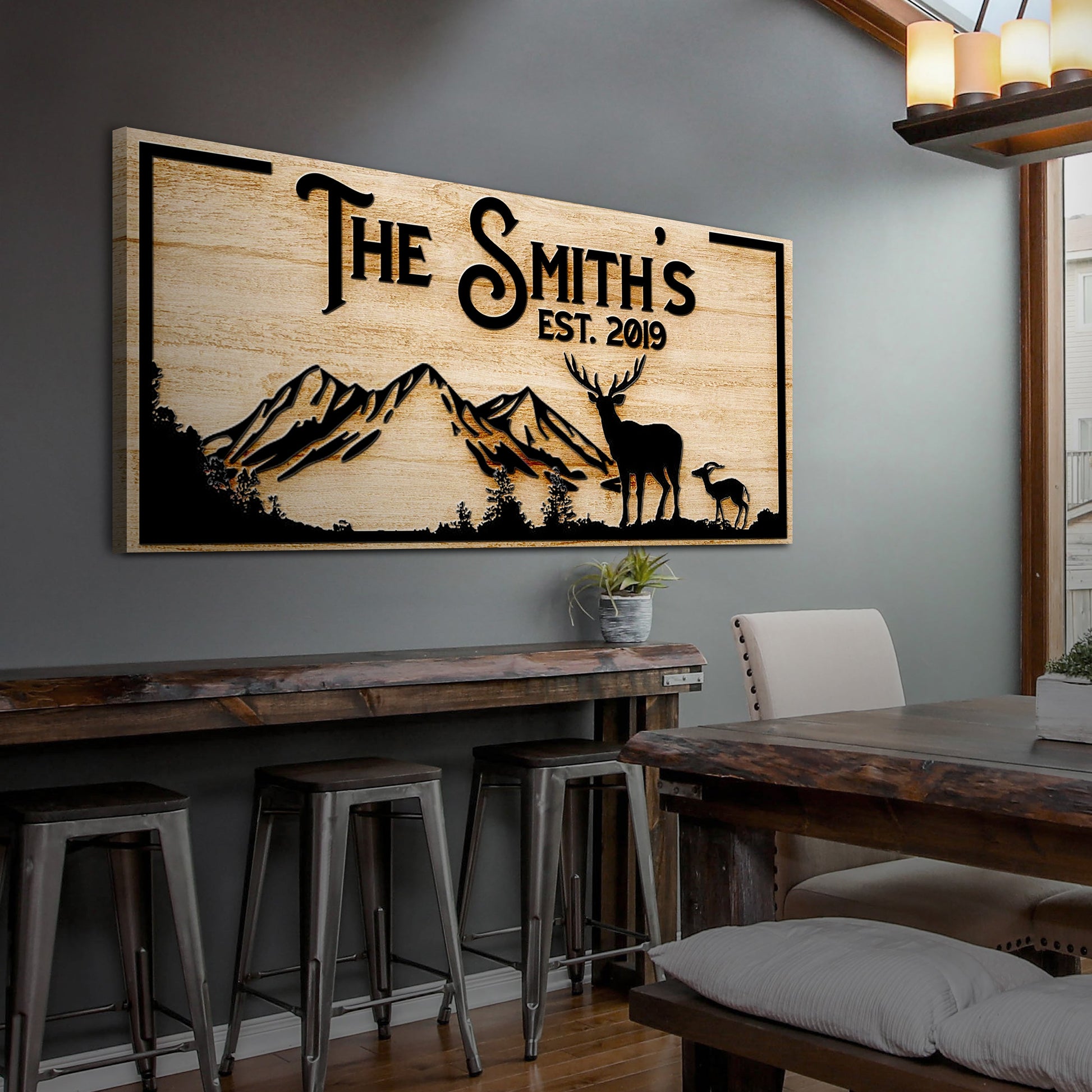 Family Mountain Sign canvas by Tailored Canvases, woodgrain panel with mountains and elk on Tampa Home & Garden Store