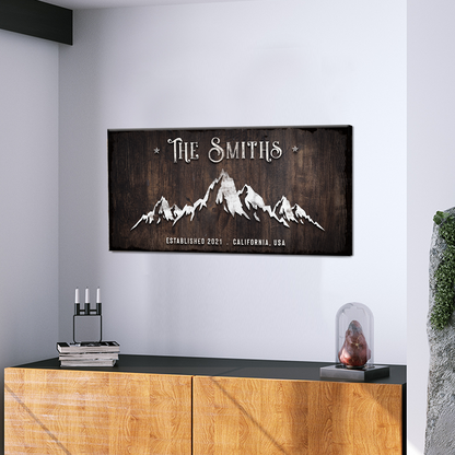 Family Mountain Home Sign canvas wall art with dark wood grain and mountain silhouette on Tampa Home & Garden Store