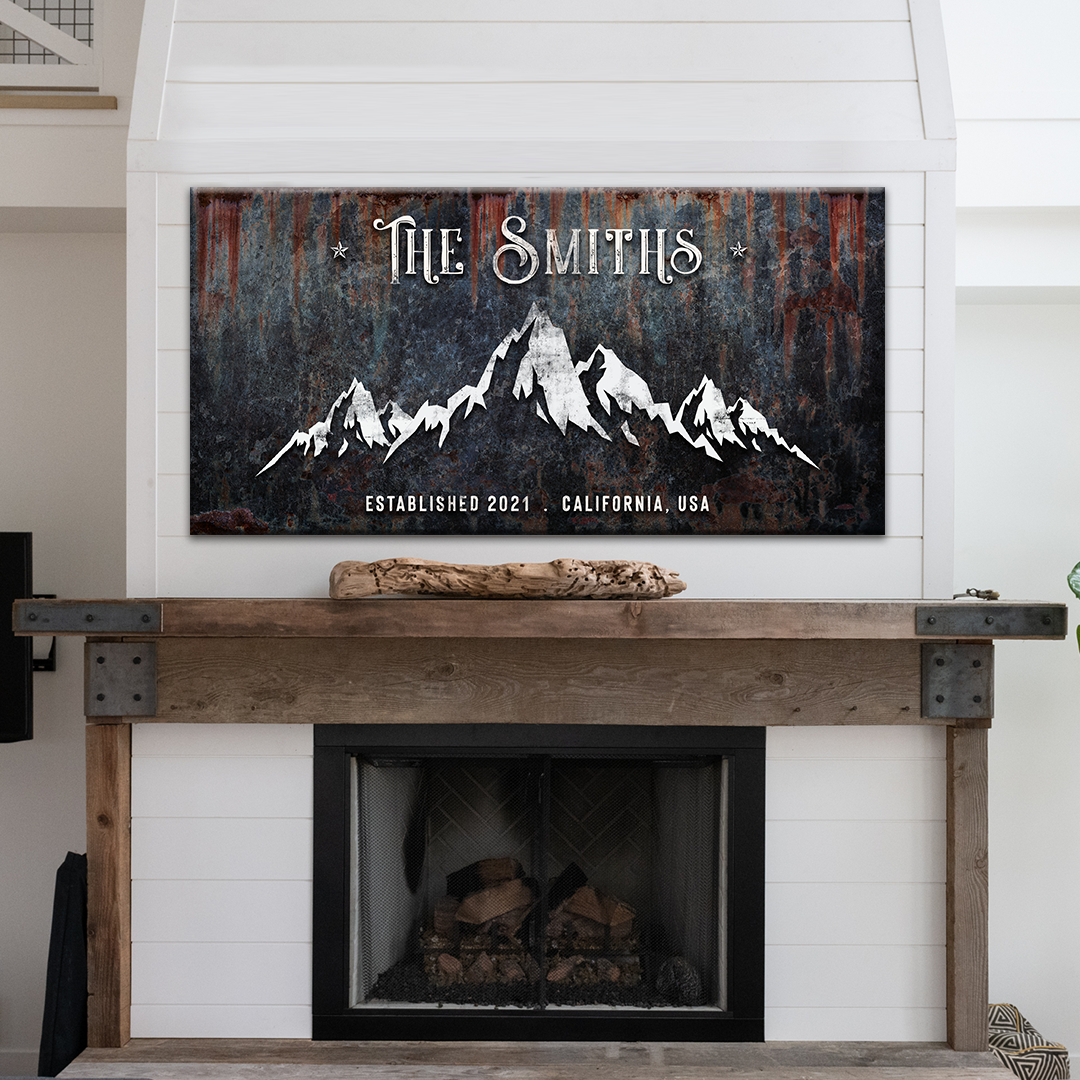 Family Mountain Home Sign III canvas wall art with mountain silhouette on rust backdrop on Tampa Home & Garden Store