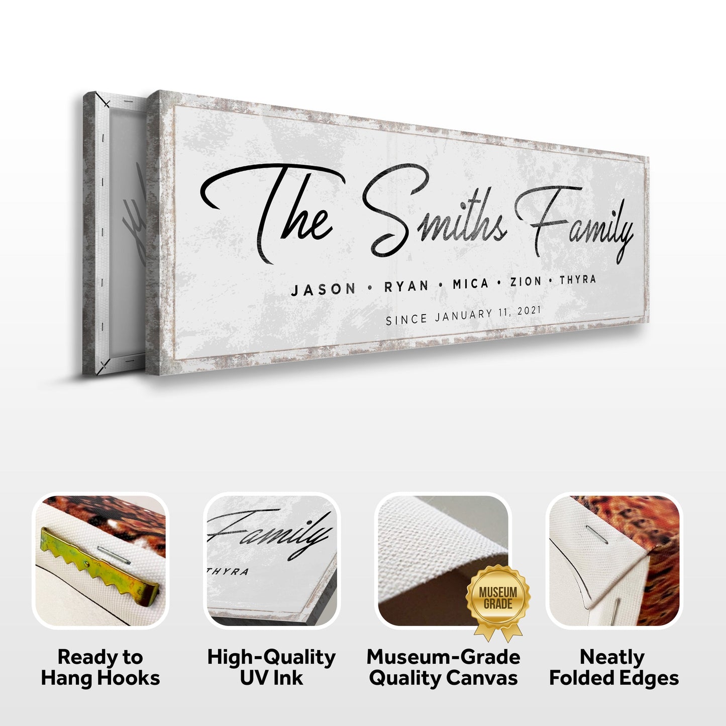 Last Name Family Sign Canvas in black and white with a distressed frame Tailored Canvases on Tampa Home & Garden Store