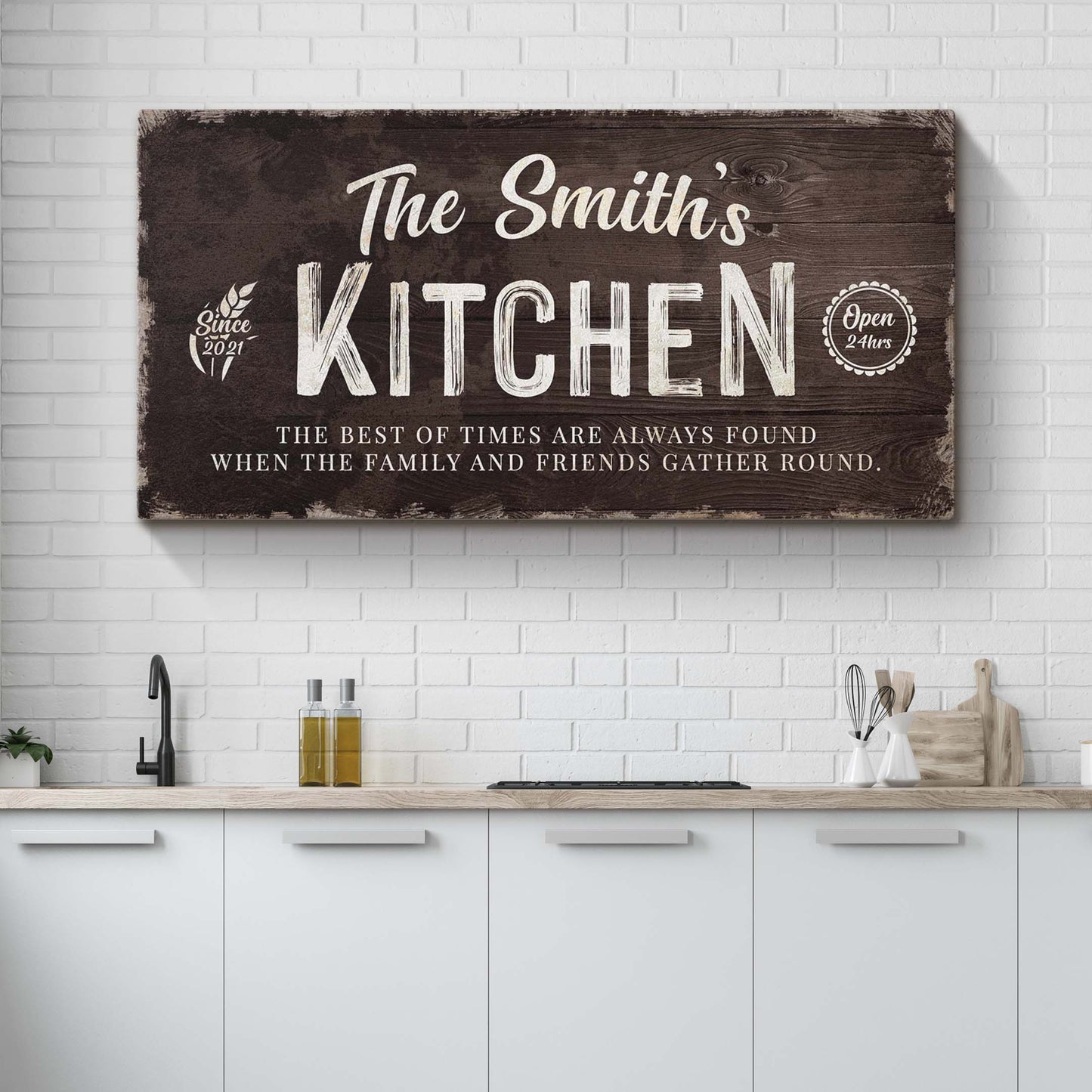 Family Kitchen Sign canvas by Tailored Canvases in dark wood with white script lettering on Tampa Home & Garden Store