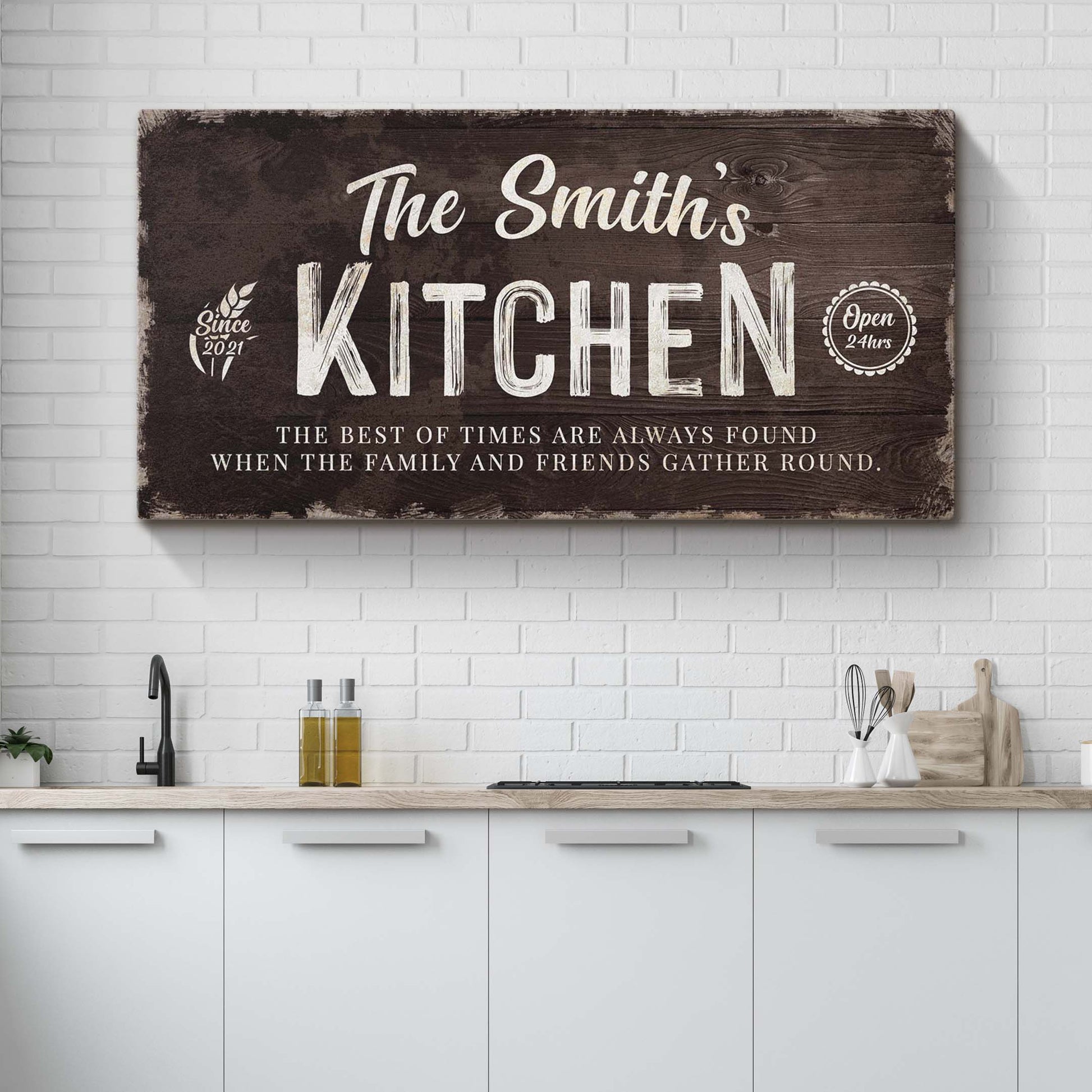 Family Kitchen Sign canvas by Tailored Canvases in dark wood with white script lettering on Tampa Home & Garden Store