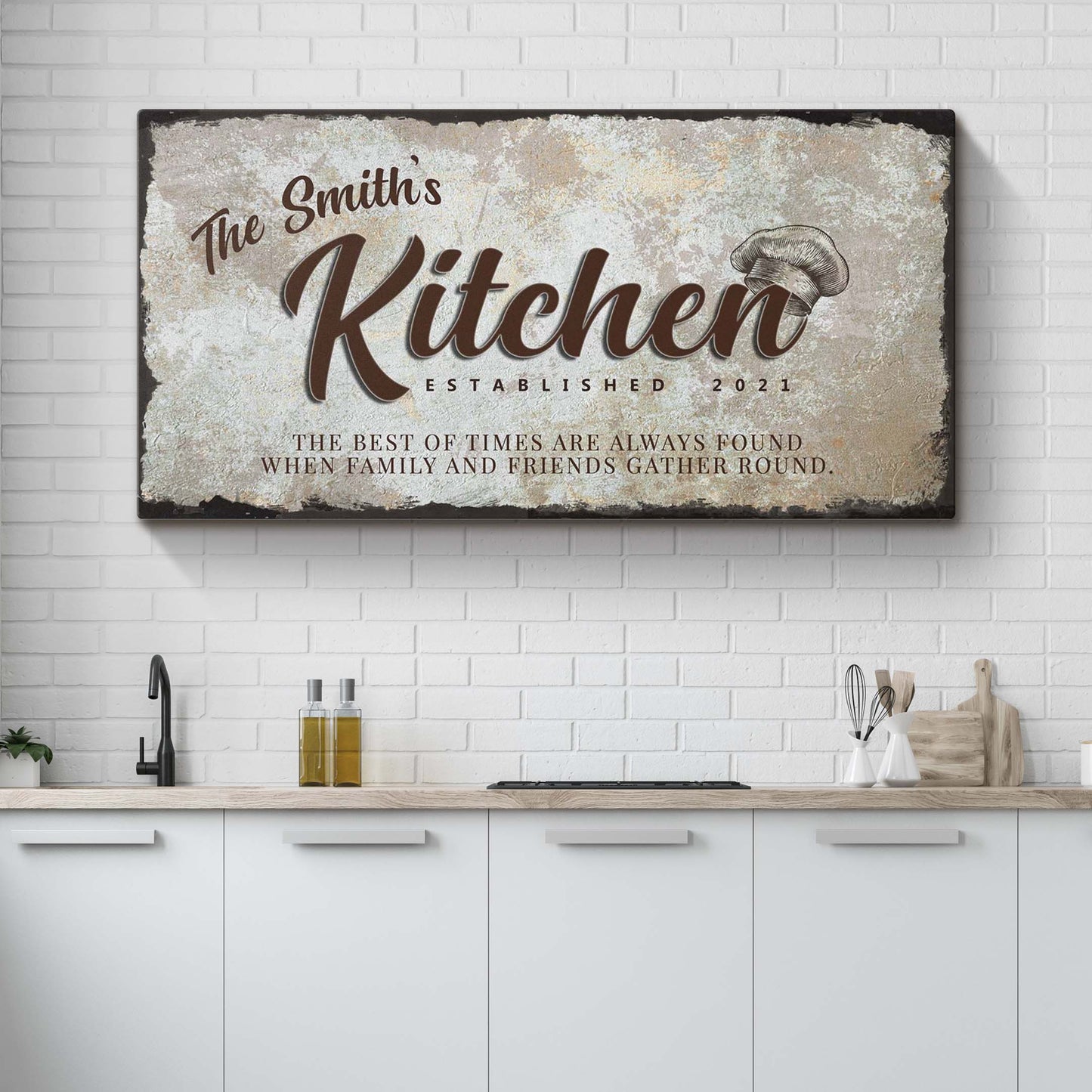 Family Kitchen Sign III canvas Tailored Canvases beige with brown Kitchen script and mushroom on Tampa Home & Garden Store