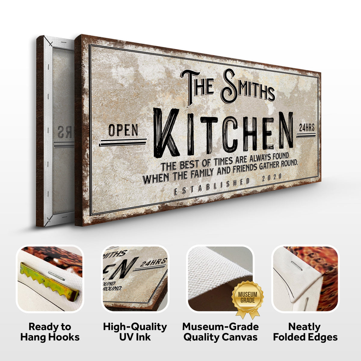 Family Kitchen Sign canvas by Tailored Canvases, distressed beige with bold black lettering on Tampa Home & Garden Store