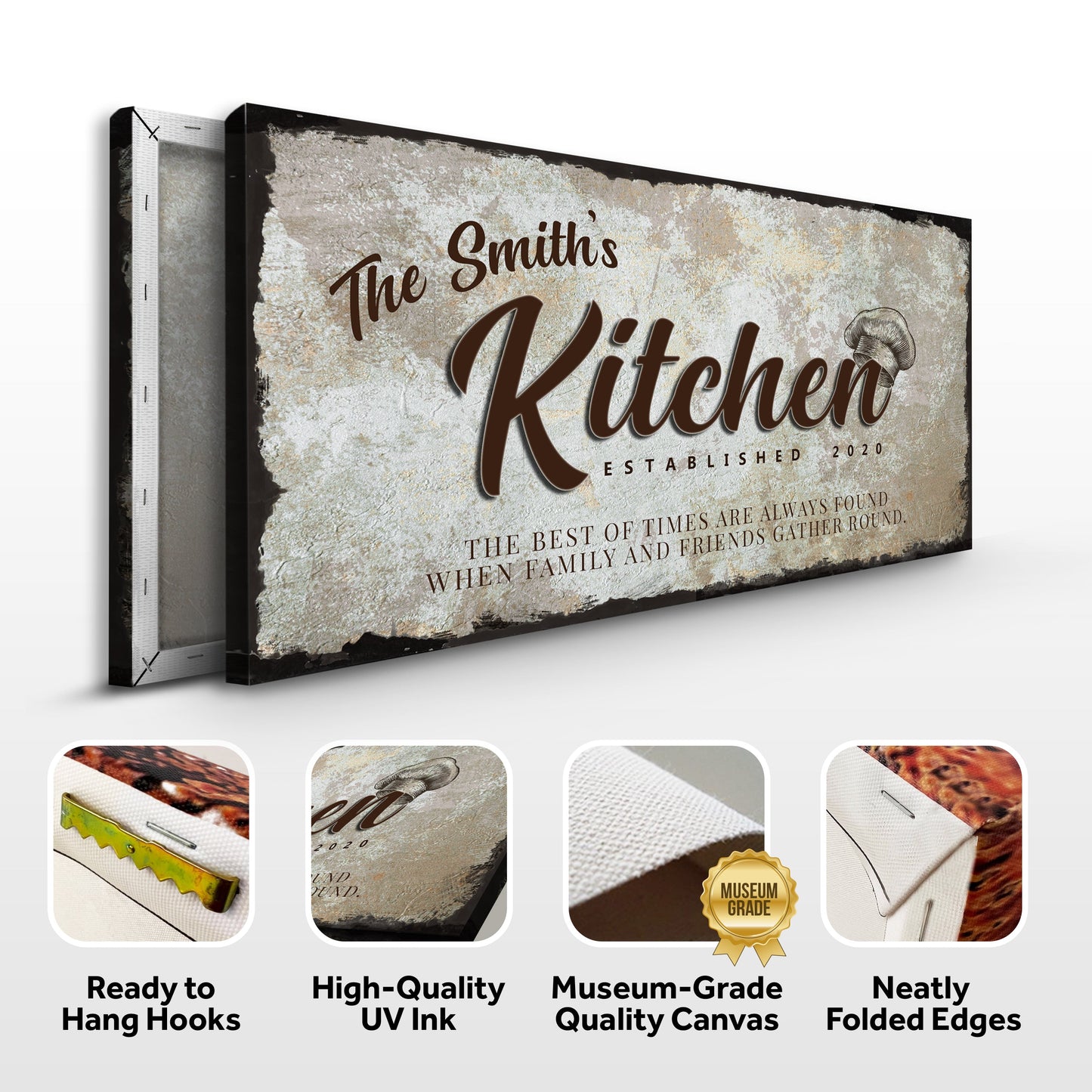 Family Kitchen Sign III canvas by Tailored Canvases with rustic texture and Kitchen script on Tampa Home & Garden Store
