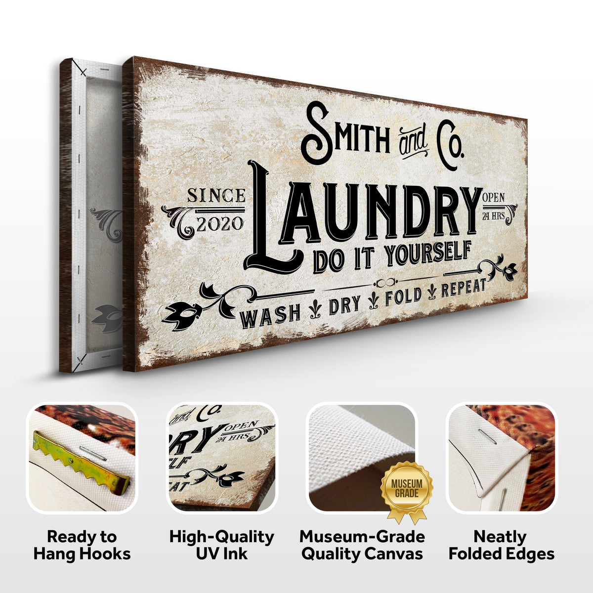 Canvas laundry sign by Tailored Canvases with vintage beige distress and bold black text on Tampa Home & Garden Store