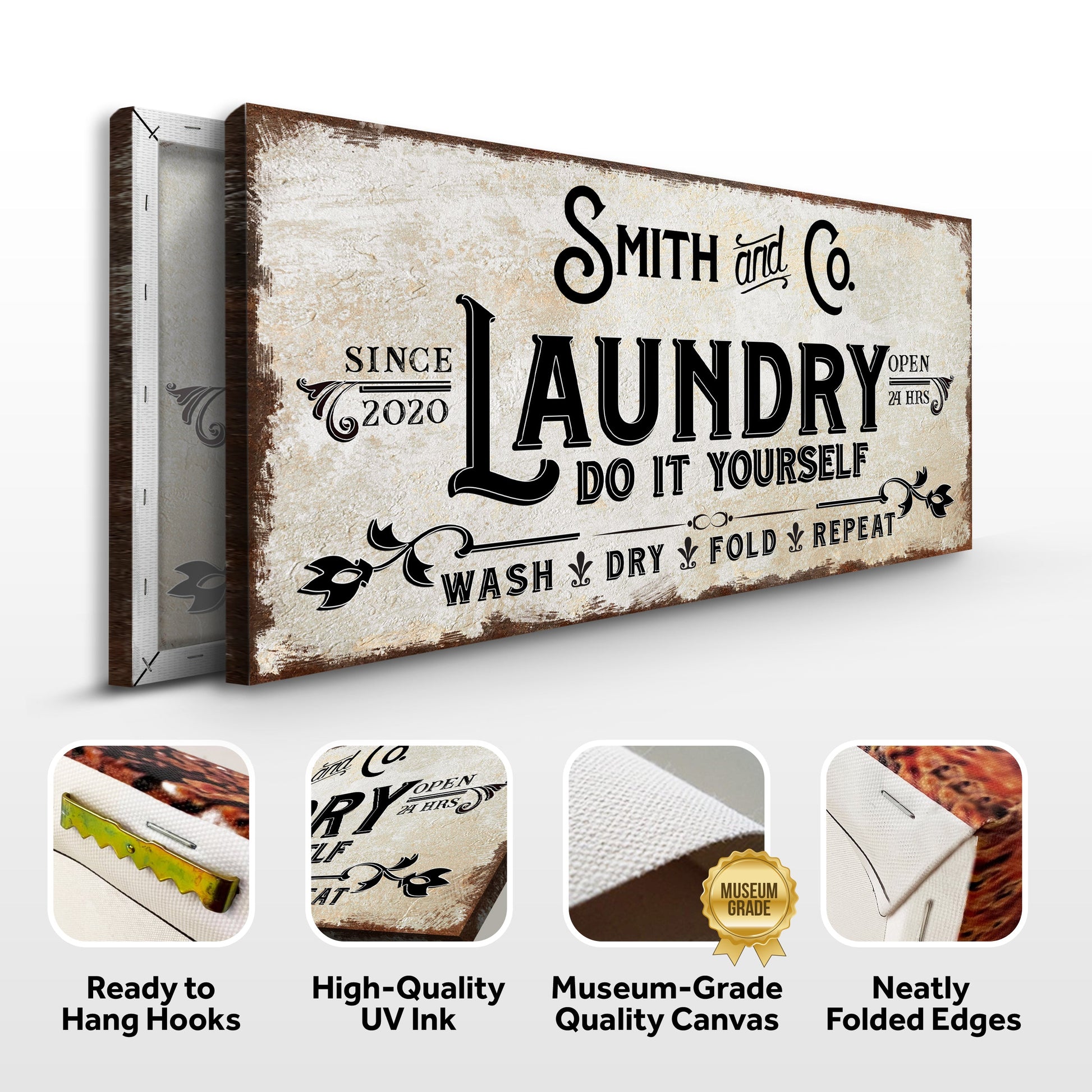Canvas laundry sign by Tailored Canvases with vintage beige distress and bold black text on Tampa Home & Garden Store