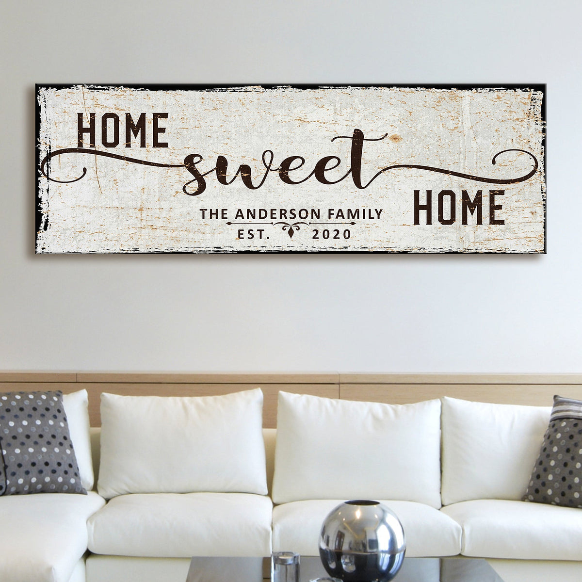 Home Sweet Home canvas sign with distressed beige backdrop and bold ends The Anderson Family Est 2020 on Tampa Home & Garden Store
