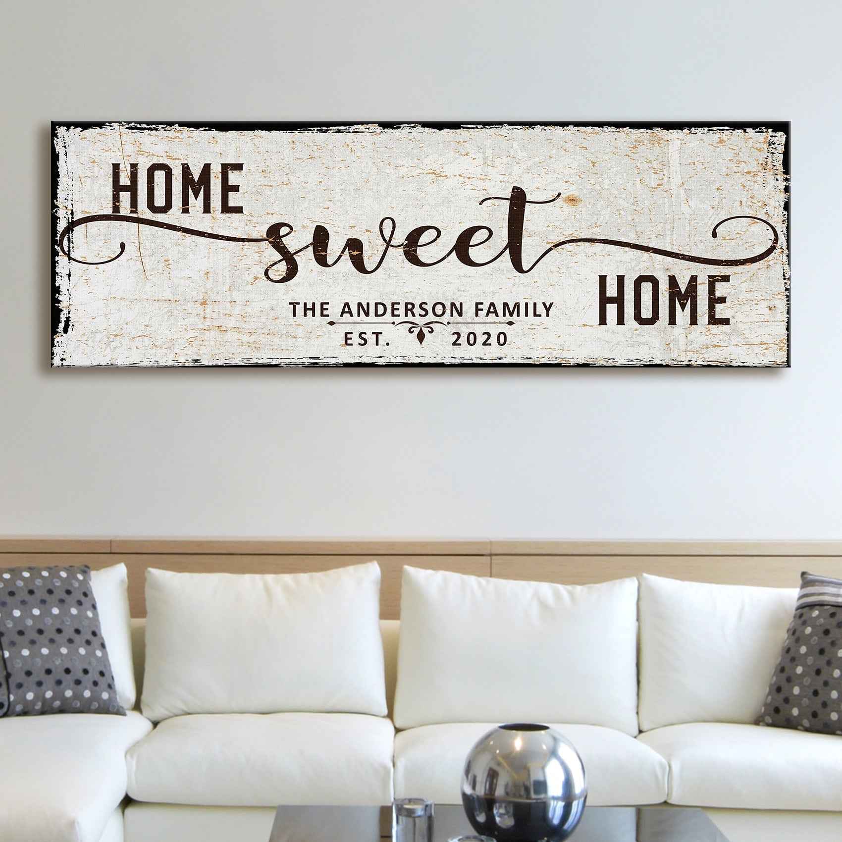 Home Sweet Home canvas sign with distressed beige backdrop and bold ends The Anderson Family Est 2020 on Tampa Home & Garden Store