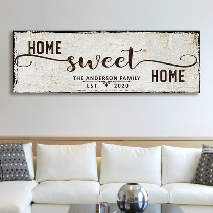 Home Sweet Home canvas sign with distressed beige backdrop and bold ends The Anderson Family Est 2020 on Tampa Home & Garden Store