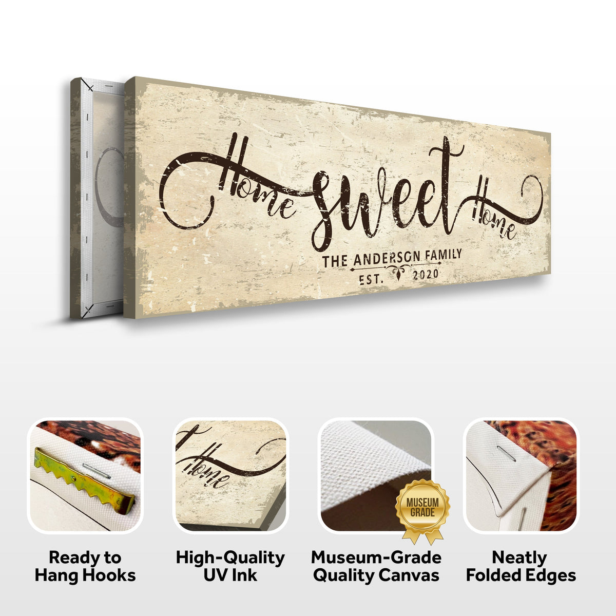 Home Sweet Home canvas sign with distressed beige backdrop and flowing black script on Tampa Home & Garden Store
