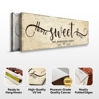 Home Sweet Home canvas sign with distressed beige backdrop and flowing black script on Tampa Home & Garden Store