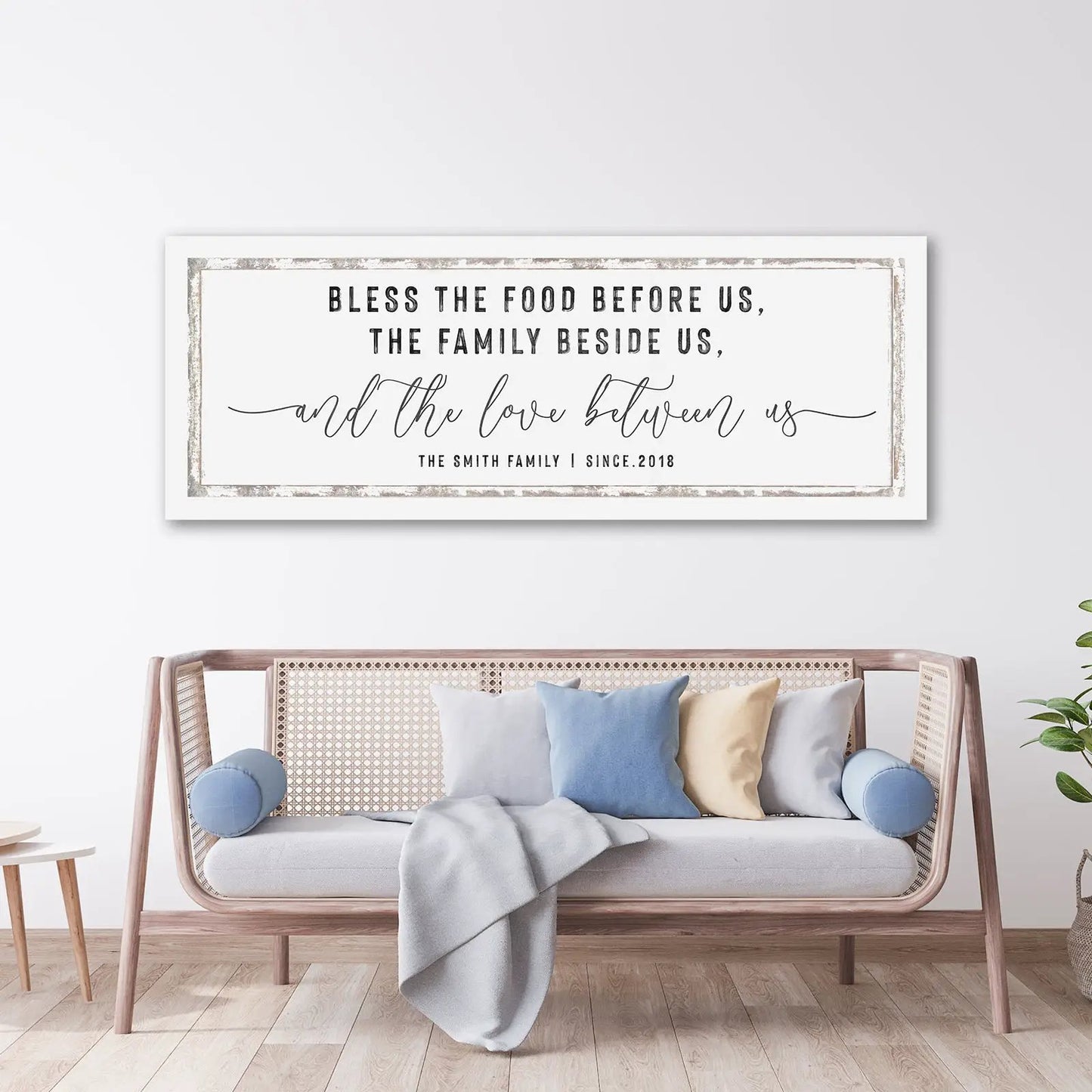 Family Sign XV canvas wall art by Tailored Canvases with a distressed frame above sofa on Tampa Home & Garden Store