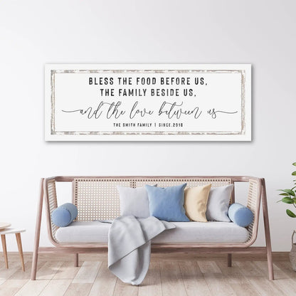 Family Sign XV canvas wall art by Tailored Canvases with a distressed frame above sofa on Tampa Home & Garden Store