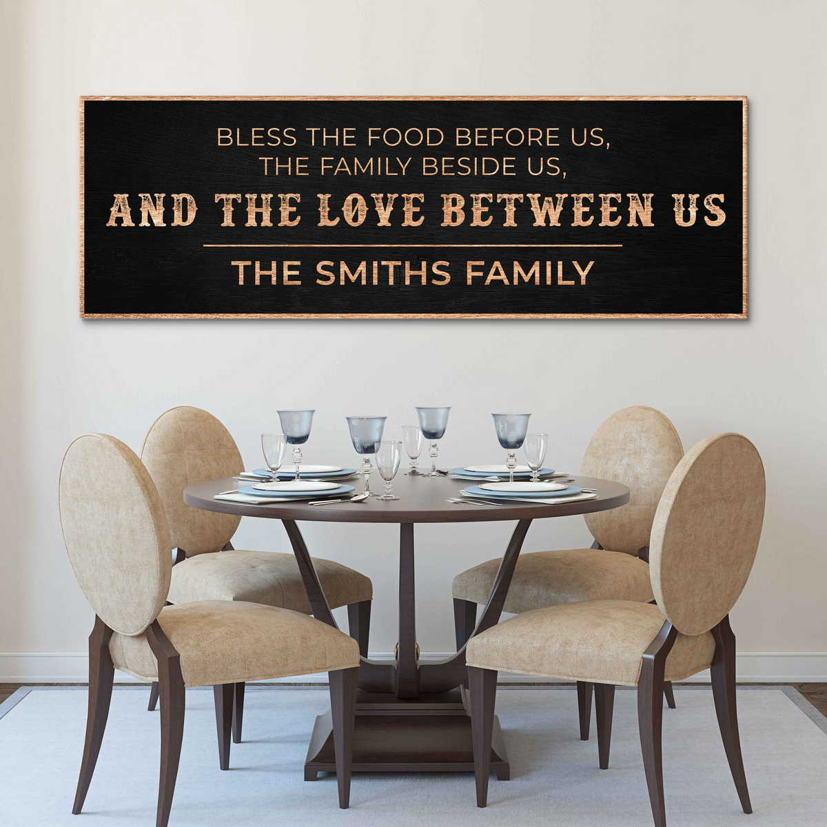 Family Blessing Bless the Food Sign canvas by Tailored Canvases with copper text wood frame on Tampa Home & Garden Store