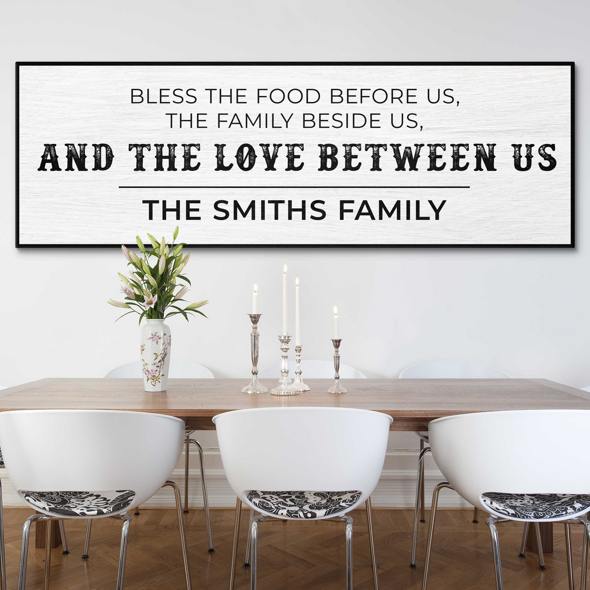 Family Blessing canvas sign reads Bless the Food Before Us and the Love Between Us on Tampa Home & Garden Store