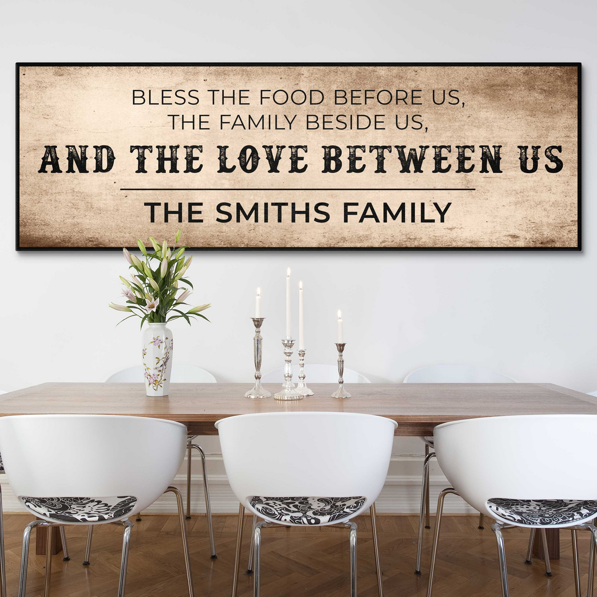 Family Blessing: Bless the Food Sign canvas with rustic parchment background and black frame on Tampa Home & Garden Store