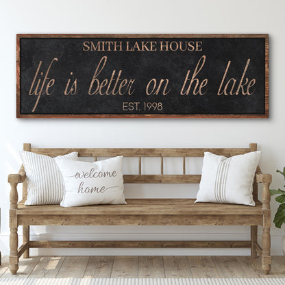 Life Is Better On The Lake Sign canvas with chalkboard center and frame by Tailored Canvases on Tampa Home & Garden Store