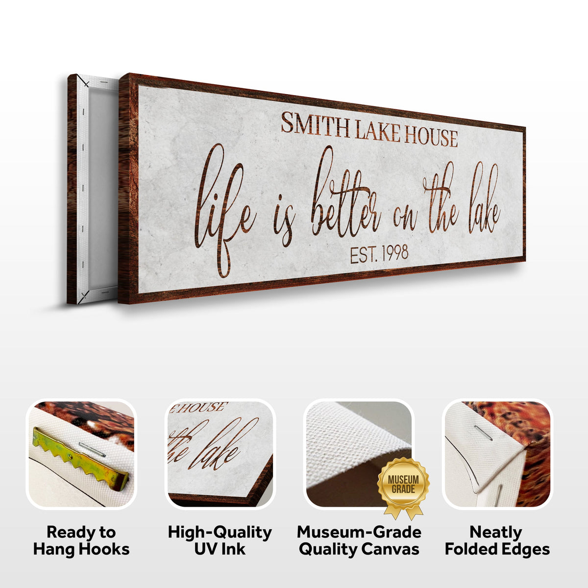 Life Is Better On The Lake Sign II canvas by Tailored Canvases on rustic wood frame with brown script on Tampa Home & Garden Store