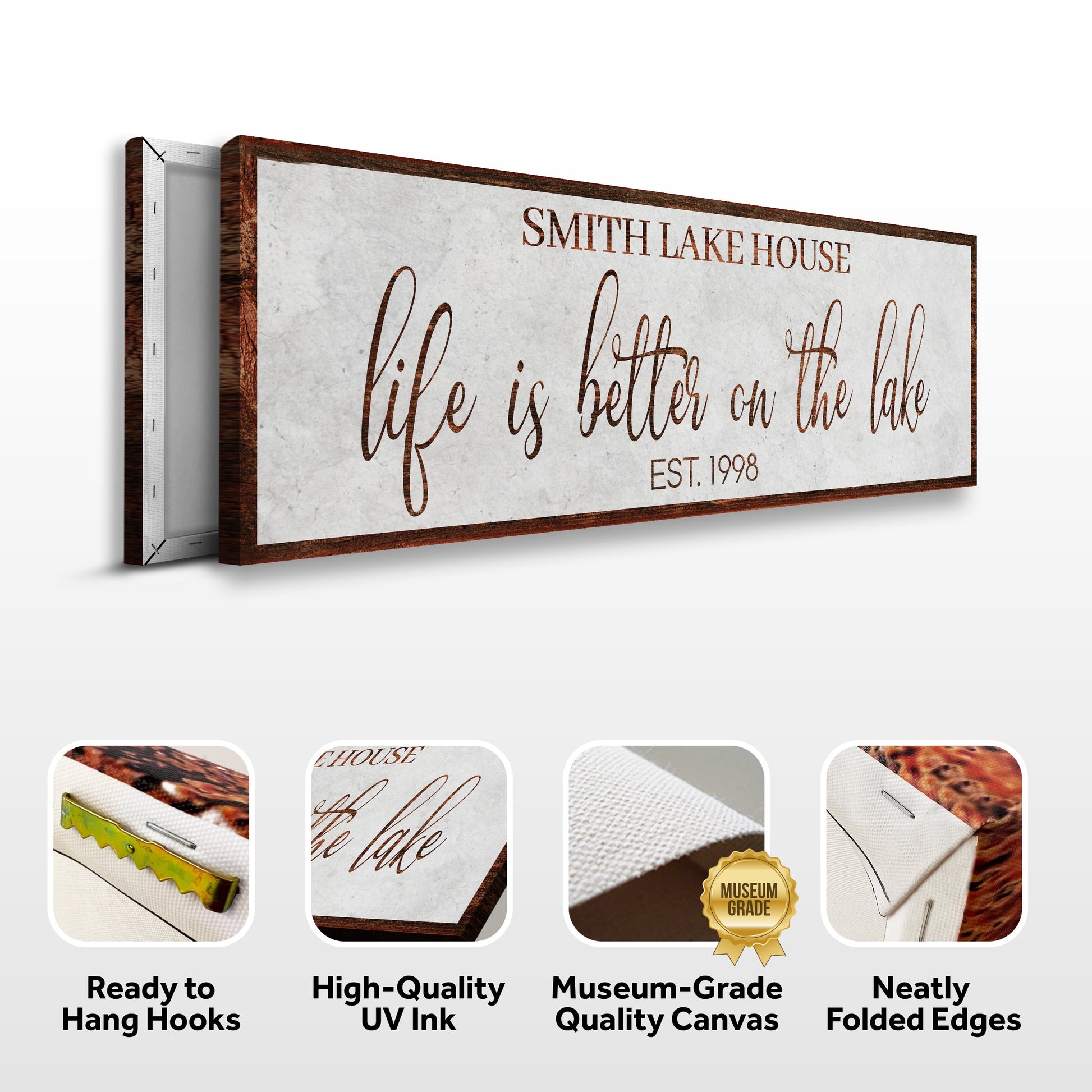 Life Is Better On The Lake Sign II canvas by Tailored Canvases on rustic wood frame with brown script on Tampa Home & Garden Store