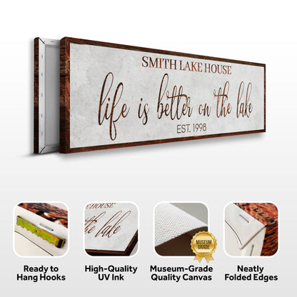 Life Is Better On The Lake Sign II canvas by Tailored Canvases on rustic wood frame with brown script on Tampa Home & Garden Store
