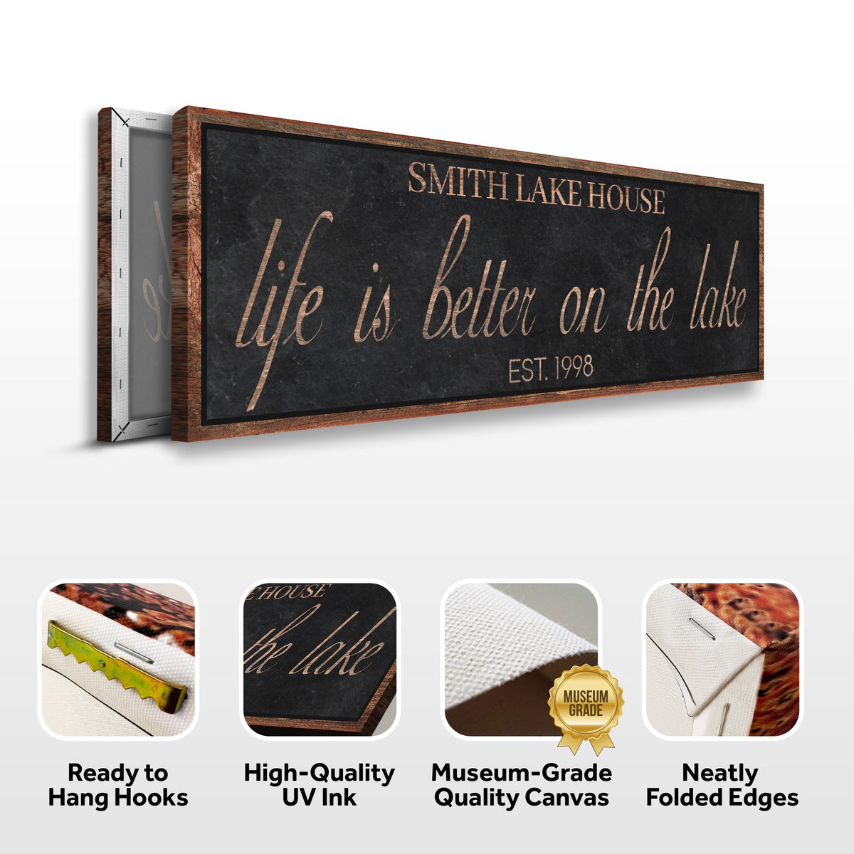 Tailored Canvases Life Is Better On The Lake sign canvas with black chalkboard panel and rustic wood frame on Tampa Home & Garden Store