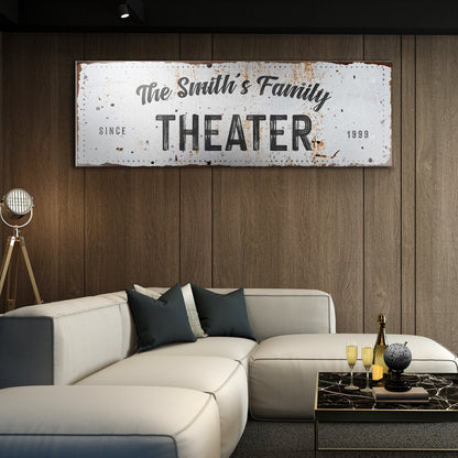 Family Theater Sign canvas by Tailored Canvases with rustic white distress on Tampa Home & Garden Store